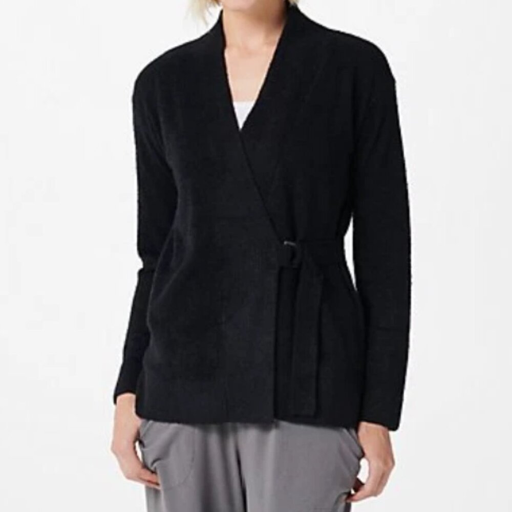 NWT Barefoot Dreams CozyChic Lite Side Tie Cardigan Black Size Large Knit Soft